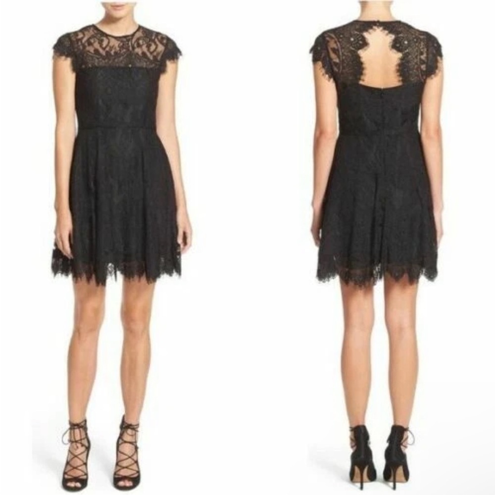 BB Dakota Women's Black Lace Overlay Dress,  Open Back, Fitted Waist, Size 4